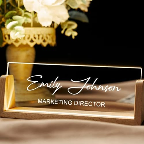 Placa de escritorio personalizada con base LED, letrero acrílico iluminado, accesorio de escritorio, regalo for jefes y compañeros de trabajo.