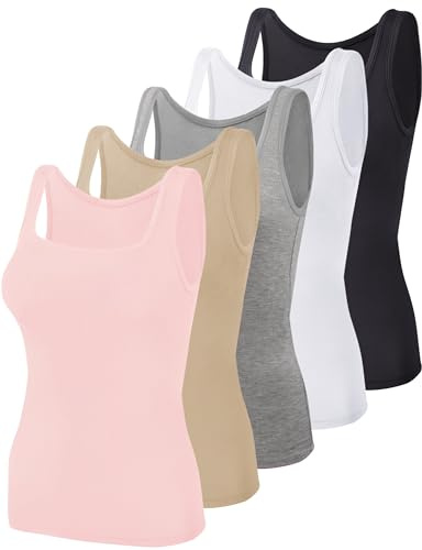 BQTQ 5 Pcs Women's Square Neck Tank Tops Sleeveless Undershirts, S(Beige)