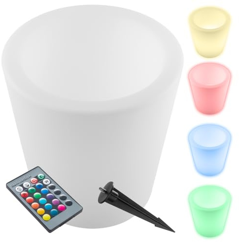 tectake® Cilindro Vaso da esterno luminoso LED, vaso fiori da giardino RGB, telecomando, 16 colori, lampade da giardino decorative uso interno e vasi da esterno, moderno, Curve Cooler - Ø 38 x 40 cm
