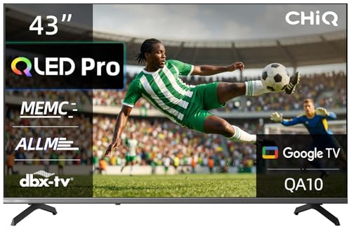 CHiQ 43QA10 43 Pollici(109cm) 4K UHD QLED HDR10, Smart TV, VRR e ALLM, Design Metallico Ultra Sottile Senza Cornice, Dolby Audio, HEVC Main 10, Triplo Tuner (DVB-C/T/T2/S/S2), Nuovo Modello