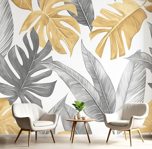 NAWVNMI 3D Carta da Parati Panoramica, 300 x 210cm, Foglie Di Monstera Lucentezza Metallica, Decorazioni da Parete per Soggiorno, Adulto, Camera dei bambini, Studio Decorazione