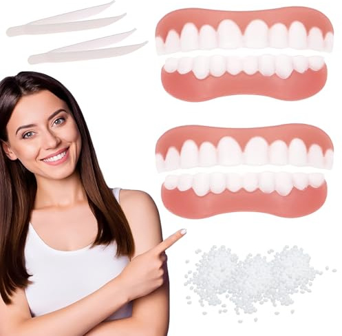 PHYNDR 2 paires de fausses dents auto-appliquées, dentier provisoire pour manger, fausses dents pour abîmées, imparfaites, avec gel de dentition et pince
