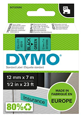 DYMO Authentic D1 Labels | Black Print on Green Tape | 12 mm x 7 m | Self-Adhesive Labels for LabelManager Label Makers | Made in Europe