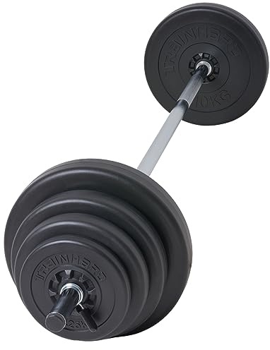 Langhantelset aus 1,6 m Hantelstange mit 37,5 kg Gewichten (2 x 1,25 kg, 2 x 2,5 kg, 2 x 5 kg, 2 x 10 kg) und Verschlüsse