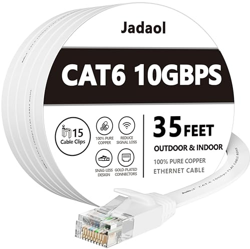 Jadaol Cat6 Ethernet Cable 35FT with Clips 10Gbps Flat Network Cable, White