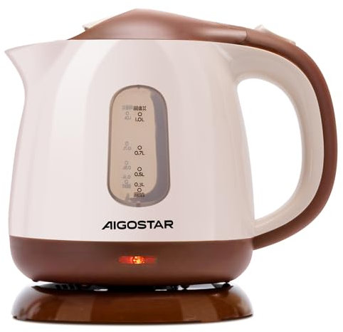 Aigostar Hervidor Agua Electrico Pequeño 1 Litros Marrón - Hervidor de Agua Portatil & Compacto 1100 W, Para Acampar & Viajar, Hervido Rápido, Apagado Automático, Fácil de Limpiar, Sin BPA