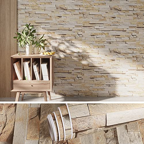 VEELIKE Papel Pintado Efecto Piedra Beige Papel Pintado Pared Autoadhesivo Ladrillo 40 cm x 300 cm Vinilo Pared Ladrillo Vinilos Decorativos Cocina Baño Impermeable Habitacion Salon Extraíble