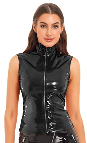 FEESHOW Dam wetlook topp sexig glans lack-läderlook crop top tank skjorta med dragkedja fram party klubbkläder toppar, svart, 3XL