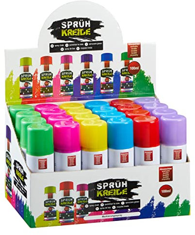 Sprühkreide wasserlöslich 100 ml Dose - 24er Set - Kreidespray in 6 verschiedenen bunten Farben - Flüssigkreide Markierungsspray abwaschbar Straßen Kreide Marker rot gelb grün pink lila blau