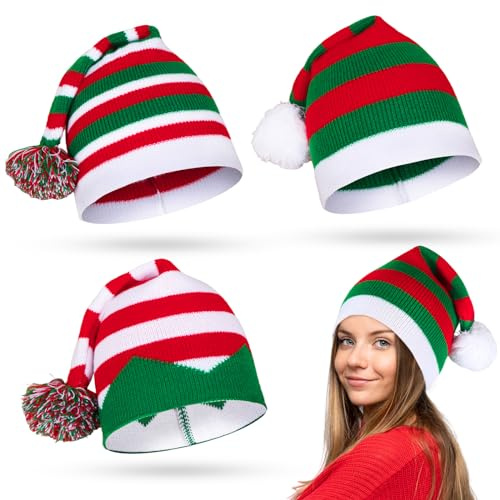 Fayavoo 3Pcs Christmas Hats for Adults & Kids - Elf, Santa & Knit Pom Pom Beanie Hats - Warm Sweater Holiday & New Year Festive Party Caps