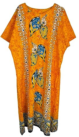 Kiran Fashion Robe caftan longue pour femme, 100 % coton, imprimé ethnique, couverture de plage, taille unique, Orange, taille unique