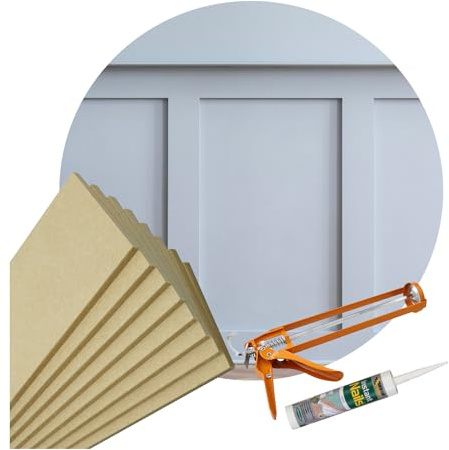 Slimline Vanity Style Ultimate Wall Panelling Kit Pk 10 1000 x 100 x 9mm Vertical MDF + 10 x 500 x 100 x 9mm Horizontal MDF Panels, Feature Wall Stripwood Pack & Adhesive Included + Sealant-Gun