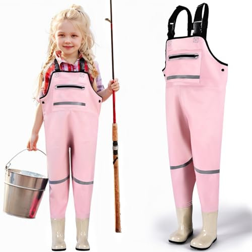 JONRRYIN Kinderwathose, Jugendliche Kinder Brust Wathose, Wathose Anglerhose kinder mit Brusttasche und Verstellbarer Riemen, Kinder Angeln Wathose Stiefel Wasserdichte Rutschfest (Rosa, 31)