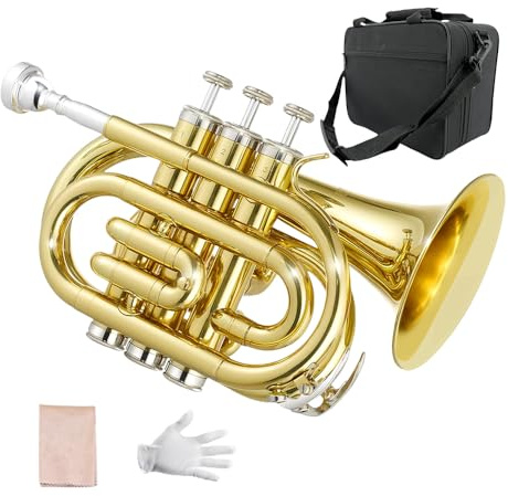 Yinfente Bb flache Taschen-Trompete für Anfänger, Studenten, mit Reinigungstuch, versilbertes 7C-Mundstück, Hartschalenkoffer, weiße Handschuhe (Gold)