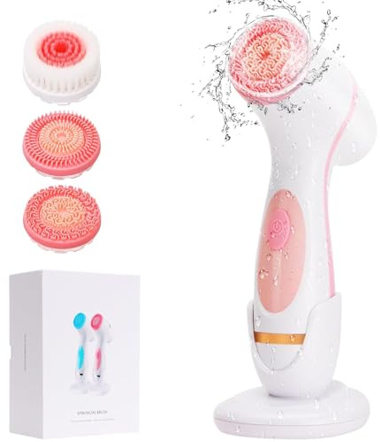 Maxspace Spazzola per la pulizia del viso, IPX7, impermeabile, elettrica, con 3 testine e rotazione a 2 livelli, spazzola per la pulizia del viso, esfoliazione (rosa)