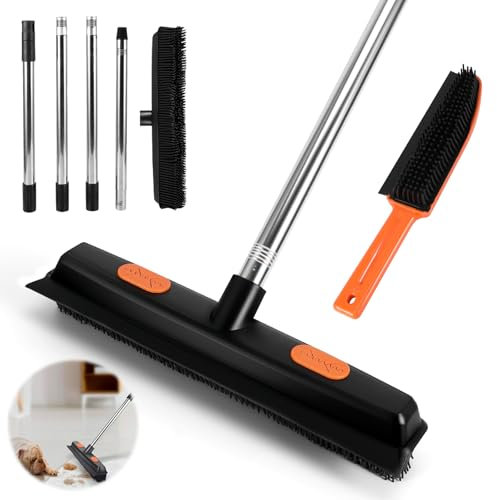 Kinberry Rubber Broom for Pet Hair Carpet, Pet Hair Remover with Long Handle and Squeegee, 125 cm Carpet Brush for Pet Hair, for Rug, Tile, Hardwood Floor