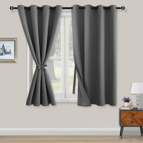 XWZO Blackout Curtains Shades Window Curtain Panels with Tiebacks- Noise Reduction and Thermal Insulated Eyelet Curtains for Bedroom,Living Room,Office,Study Room Grey W52xL54