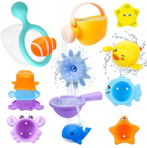 11 PCS Baby Bath Toys for 1 2 3 4 Year Olds Toddler Kids, Mould Free Water Play Swimming Pool Toys No Mould Watering Can Bath Cups Sea Animals Water Toys Bathtub Present for Boys Girls