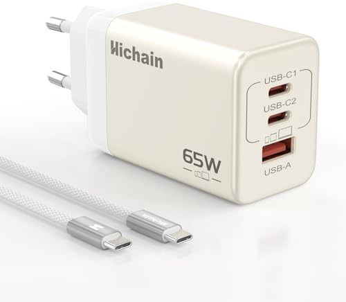Hichain Caricatore USB C 65W Compatto con 3 Porte USB PD & QC3.0 GaN Caricatore Rapido per iPhone 17 Pro Max Air/16 Plus Pro Max/15/14/13/12, Galaxy, Pixel 4/3, iPad/iPad Mini Con Cavo 1m