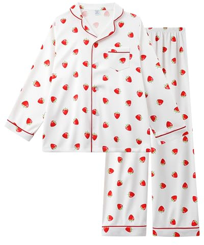Cheerful Mario Pijamas Niña Seda Imitación Largos Manga, Ropa de Casa de Satén, Conjunto de Pijama de Dos Piezas Fresas 10-11 Años