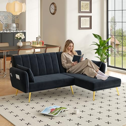 Merax Schlafsofa Klappsofa Ecksofa mit Schlaffunktion, Verstellbarer Rückenlehne, Sofabett aus Samtstoff, L-förmiges Sofa für Wohnzimmer/Schlafzimmer/Gästezimmer, Schwarz
