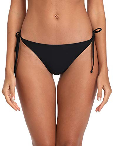 Ocean Blues Women's Black Tie Side Bikini Bottom Cheeky Thong Soft Stretch Swimwear for Beach & Vacation Size Medium/Large