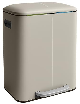 Relaxdays Cubo de Basura, 2 Compartimentos, 2 x 20 l, Cubos extraíbles, Cierre Suave, Pedal, Metal, Beige, Plástico, Acero Inoxidable, 60 x 44.5 x 41 cm