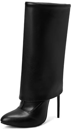 Générique Femmes Cuir PU Bottes Longues avec Fermeture Éclair Latérale Bout Pointu Bottes À Rabat Talon Aiguille Hauts Botte Mi-Mollet,Noir,37 EU