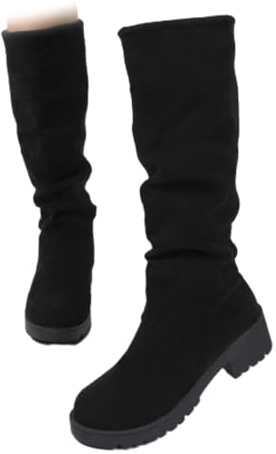 HESYSUAN Botas altas hasta la rodilla con estampado de leopardo de ante para mujer, holgadas, fruncidas, pantorrilla ancha, puntera redonda, cómodas, antideslizantes, botines largos cómodos y gruesos