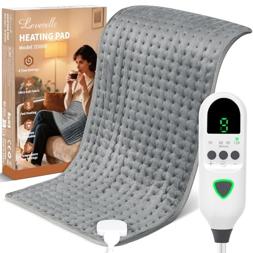 Levesolls Termoforo Elettrico 60x30cm – Per Schiena, Spalle e Addome, 9 Livelli Di Temperatura, 4 Timer, Riscaldamento Rapido, Spegnimento Automatico, Lavabile In Lavatrice - Grigio Scuro