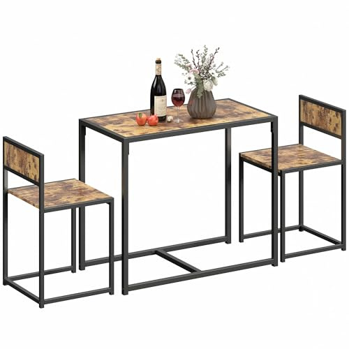 HOMCOM Dining Table and Chairs Set 2, Dining Room Sets, Rectangular Space Saving Table and 2 Chairs for Compact Kitchens, Steel Frame, Rustic Brown