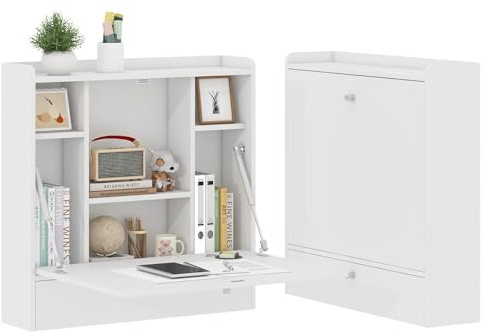 Wall Mounted Table Folding Desk Drop Leaf Floating Table Computer Desk | Home Office Desk Workstation with 7 Storage Shelves for Small Space Study Bedroom Dining Kitchen Living Room (White)