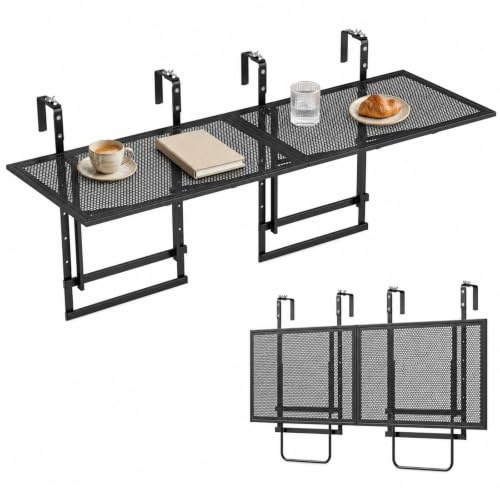 GOPLUS Lot de 2 Tables de Balcon, Style Moderne pour Patio/Terrasse/Jardin | Tables de Balcon Suspendue, Rabattables & Connectables avec Hauteur Réglable 5 Niveaux, Crochets Ajustables pour Garde-corps