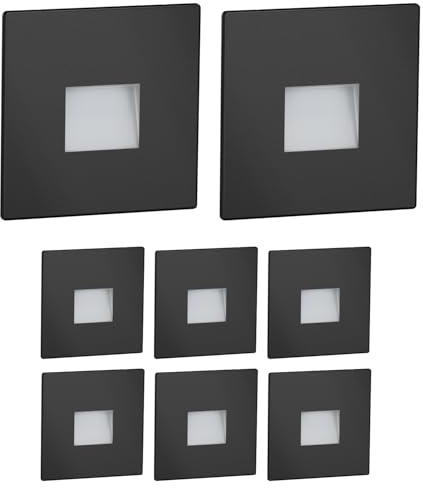 ledscom.de 8 pièces Lumière d'escalier LED/lampe murale encastrée FOW pour l'intérieur et l'extérieur, downlight, carré, noir, 85 x 85mm, blanc chaud