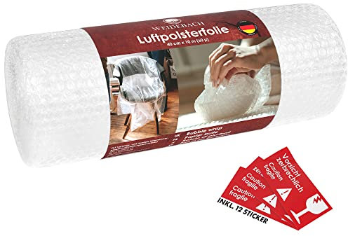 Weidebach® Hochwertige Luftpolsterfolie 10 m x 40 cm, Verpackungsfolie (echte 60 µ stark/ 2-lagig),Polsterfolie, Luftpolster schützen zerbrechliche Gegenstände, Bubble Wrap reißfest