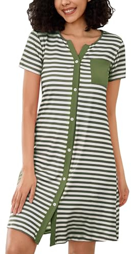 Marvmys Button Up Nighties for Women, Short Sleeve Striped Nightdresses