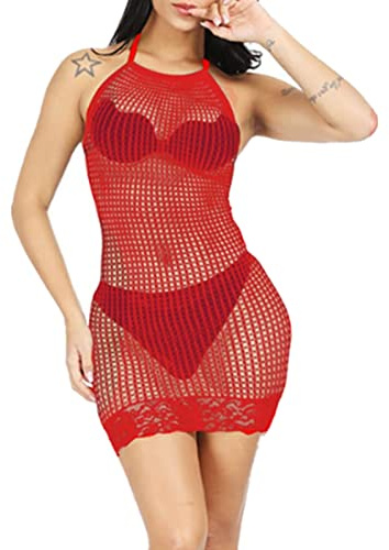 Lencería Sexy Rejilla Sin Mangas Mujer,Mini Vestido Babydoll Halter,Bodycon Encaje Malla Transparente,Ropa Interior Sin Espalda Cordones,Ropa Dormir Camisón Una Pieza Ajustada Clubwear (Rojo)