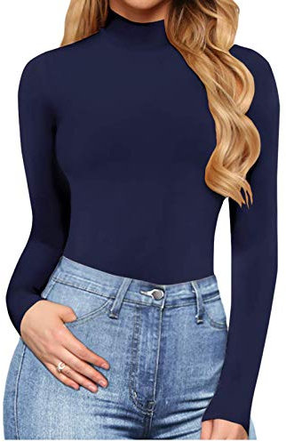 Damen Body Bodysuit Stehkragen Langarm Overall mit Rollkragen Jumpsuit Pullover Herbst T-Shirt Bodies Langarmshirt Slim Oberteil Elastisch Stilvoller Unterzieh-Body Tops (Navy, S)