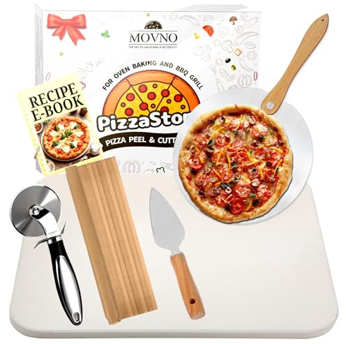Pizza Stones Set - 15 x 12 Inch Large Pizza Stone for Oven and Grill Durable and Safe Baking Stone Thermal Shock Resistant Cooking Stone with Wooden Pizza Peel Paddle & Cutter