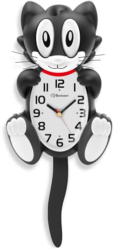 Soobest 18 Inch 3D Large Cat Wall Clock Battery Operated Silent Non Ticking with Moving Eyes and Pendulum Tail, Retro Kids Analog Wall Clock for Gift Decor Black