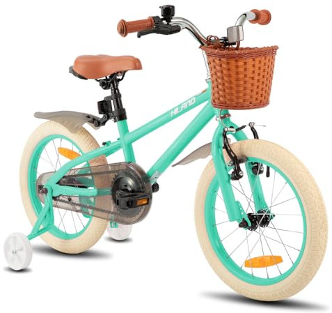 HILAND 14 Zoll Kinderfahrrad für Mädchen Jungen 3 4 5 6 Jahre mit Stützräder, Handbremse und Rücktrittbremse Korb Grün