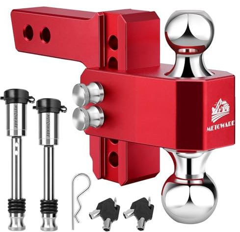 METOWARE Adjustable Trailer Hitch - Aluminum Tow Hitch Fits 2-Inch Receiver - Heavy Duty Drop Hitch with 4-Inch Drop/Rise for Truck (14,000 LBS GTW), Double Stainless Steel Locks & Hitch Pin, Red