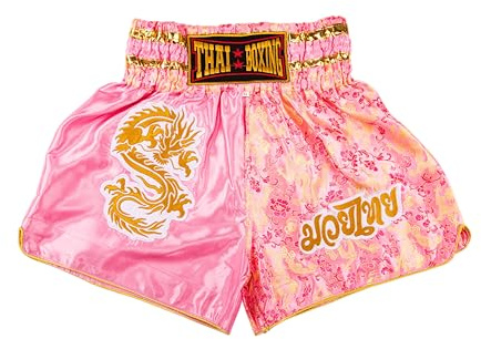 MUAY NATION Pantalones Cortos de Muay Thai para Hombres y Mujeres, Corte Ajustado, Shorts de Boxeo MMA para Entrenamiento, Ropa de Kickboxing (FR/ES, Letras, XXL, Regular, Regular, Dragón Rosa)