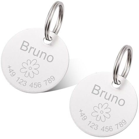 2 Stück Erkennungsmarken Hundemarke mit Gravur Tiermarke inkl. Schlüsselring Silver Personalisierte Adressanhänger Rund Plakette für Katze, Hunde