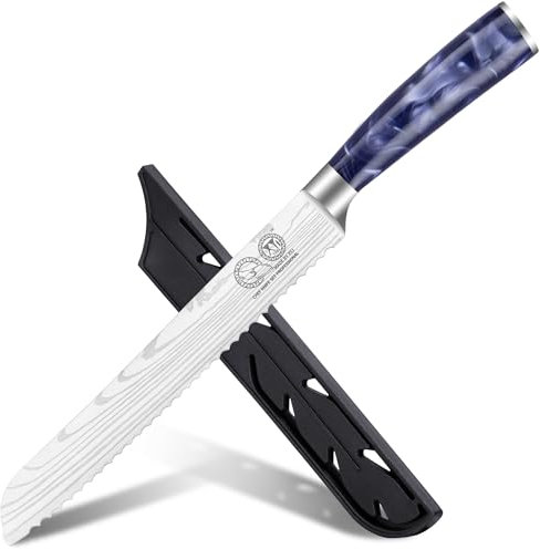XYJ Bread Knife,Stainless Steel,8 Inch Serrated Blade Knife for Cake Bread Dessert,Laser Damascus Pattern Serrated Bread Knife With Sheath Case,Bread Cutting Knifes