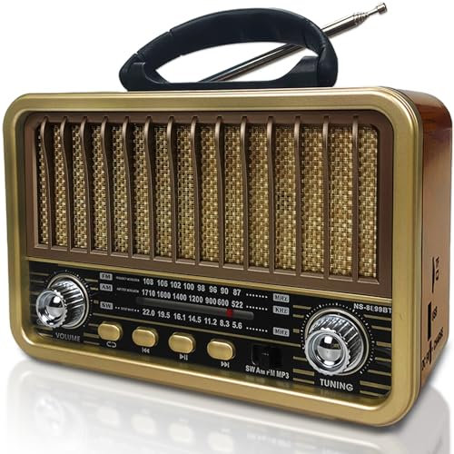 Poste Radio Portable, AM/SW/FM Petite Radio Vintage, Transistor Radio a Pile avec Fonction TWS/USB/TF Card/BT5.0, Radio Portable Rechargeable pour la Cuisine, Le Bureau, l'Extérieur (Jaune)