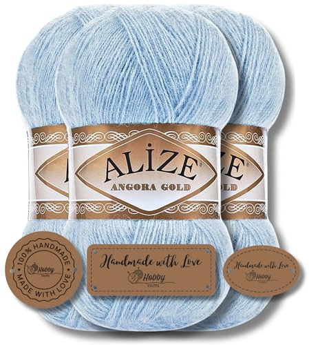 Hobby YARN Alize 3 x 100 g med 3 x etikett som set Angora guld, turkisk premiumull, tunn mohair av ny ull, babyull som stickgarn, handstickgarn, enfärgad, uni Yarn (953)
