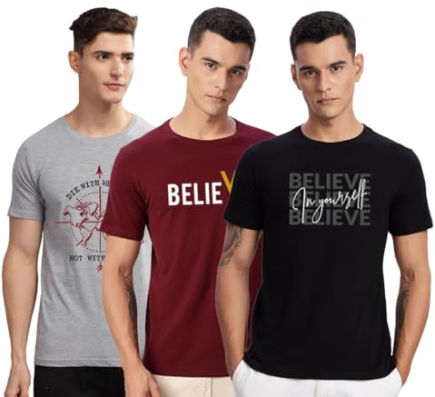 ADRO 3-pack herr-t-shirts av 100 % bomull lycra regular fit rund hals halvärm, Svart rödbrun, S