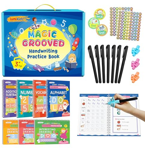 Lumikidz Magic Grooved Writing Practice for Kids Age 3-5 - Reusable Grooved Writing Books for Kids 3-5 - Handwriting Practice for Kids 5-7 - Preschool Tracing Books - Easter Basket Stuffers
