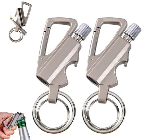 Keychain Lighter， 2 Pack Metal Match Kerosene Lighter， Reusable Waterproof Windproof Permanent Strike Anywhere， with Multitool Bottle Opener, for Outdoor Survival Gift for Men